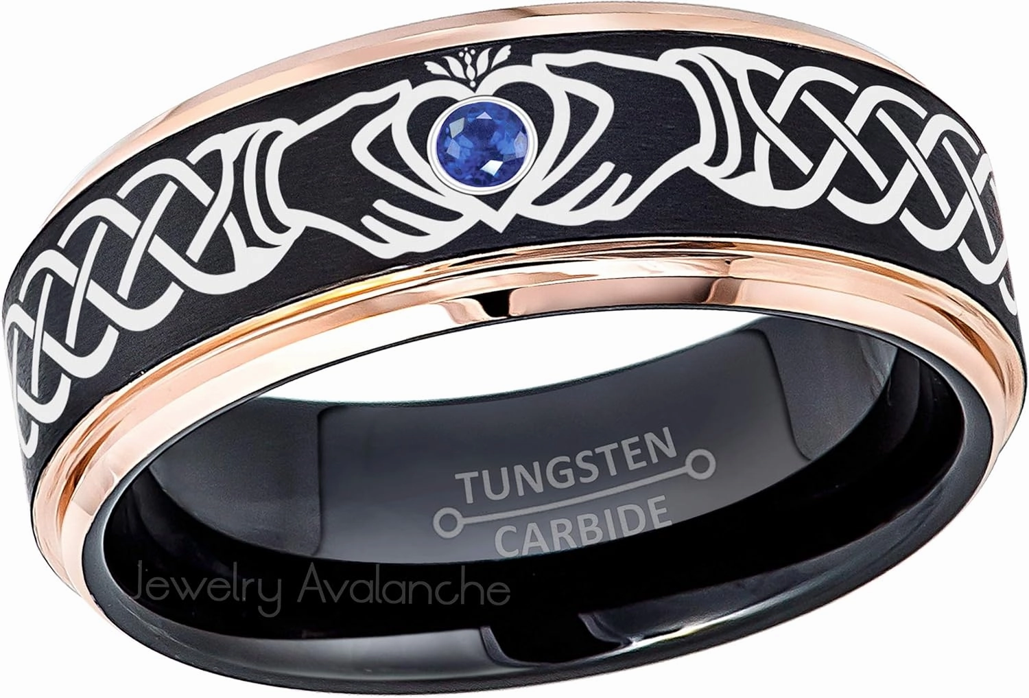 Jewelry Avalanche Claddagh Tungsten Ring - 2-Tone Mens Beveled Tungsten Carbide Wedding Band - 0.07ct Blue Sapphire Tungsten Ring