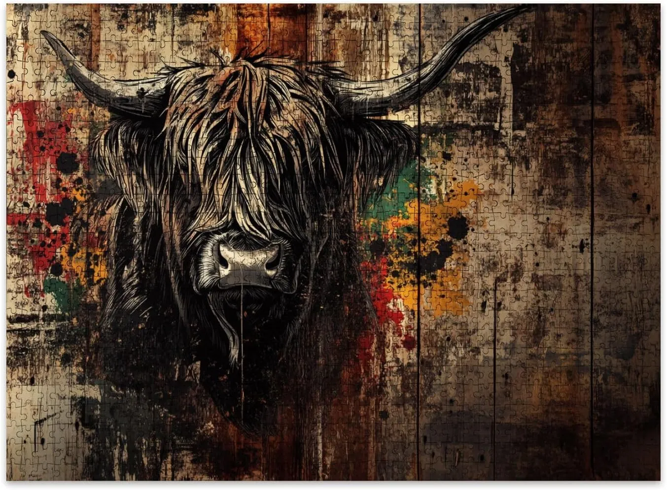 Jigsaw Puzzles 500 Pieces for Adult Bold Highland Cow Graffiti Artwork Red Yellow Accents Puzzle Game for Family Wooden Puzzle Toy Educational Games Puzzles for Home Decor