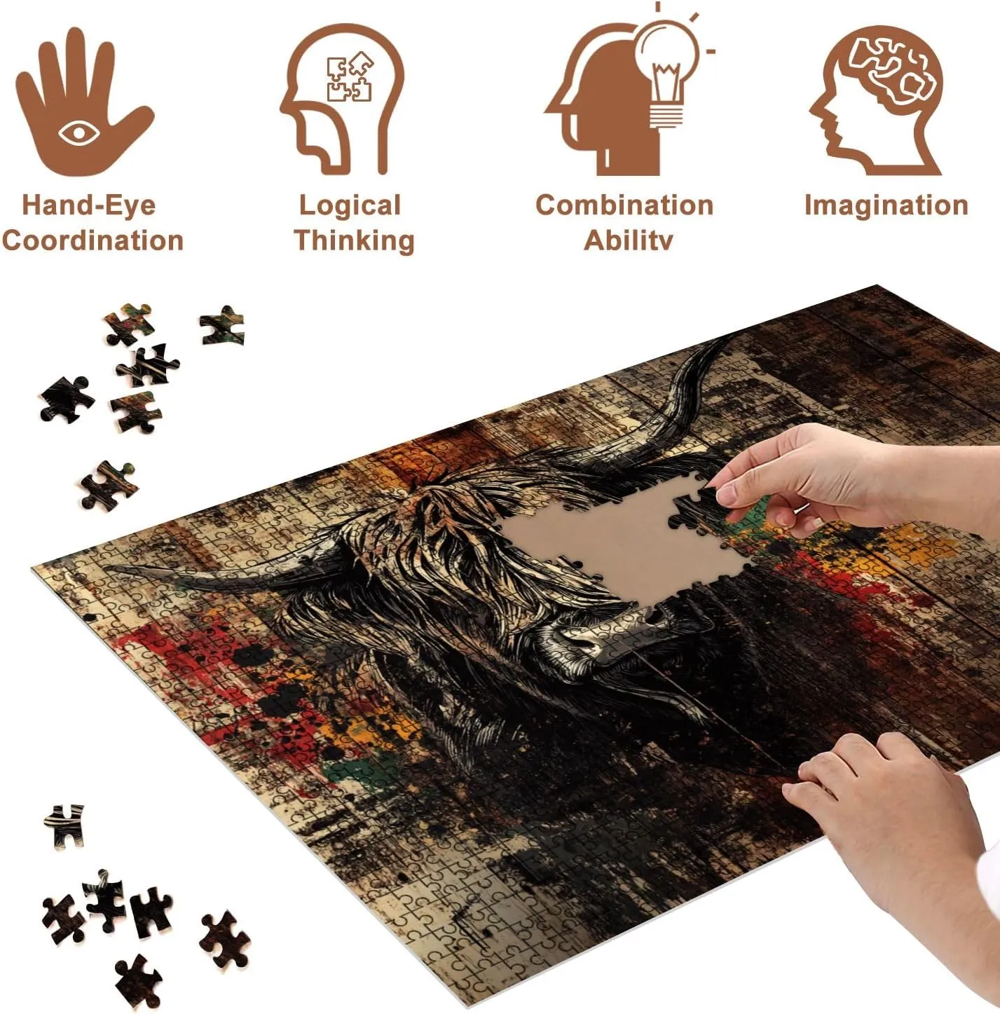 Jigsaw Puzzles 500 Pieces for Adult Bold Highland Cow Graffiti Artwork Red Yellow Accents Puzzle Game for Family Wooden Puzzle Toy Educational Games Puzzles for Home Decor