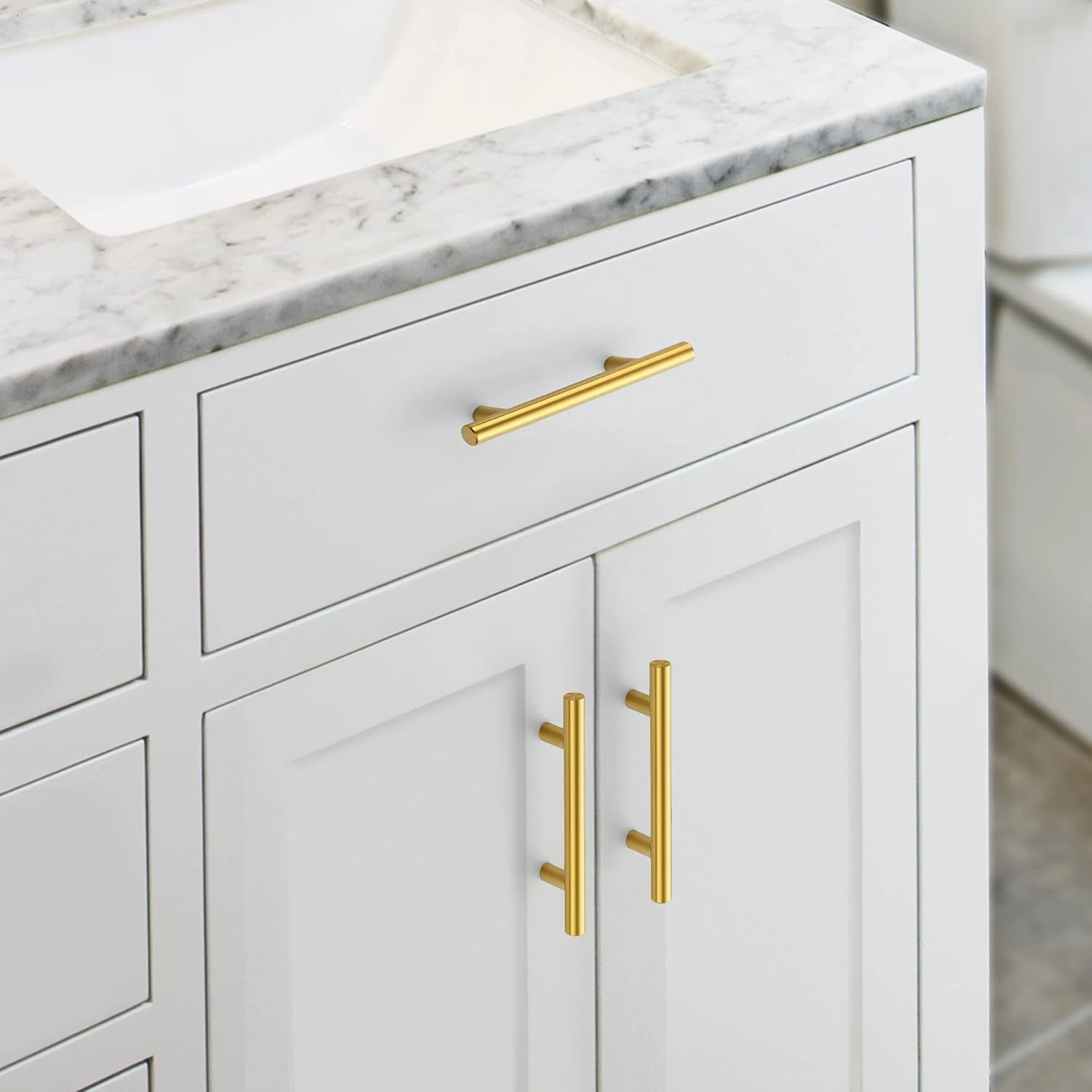 JOY DECOR 10 Pack 7.38 Inch Cabinet Pulls, 5 Inch (128mm) Hole Center Stainless Steel Drawer Handles for Kitchen Cabinets, Cupboard, Wardrobe – Brushed Brass Gold