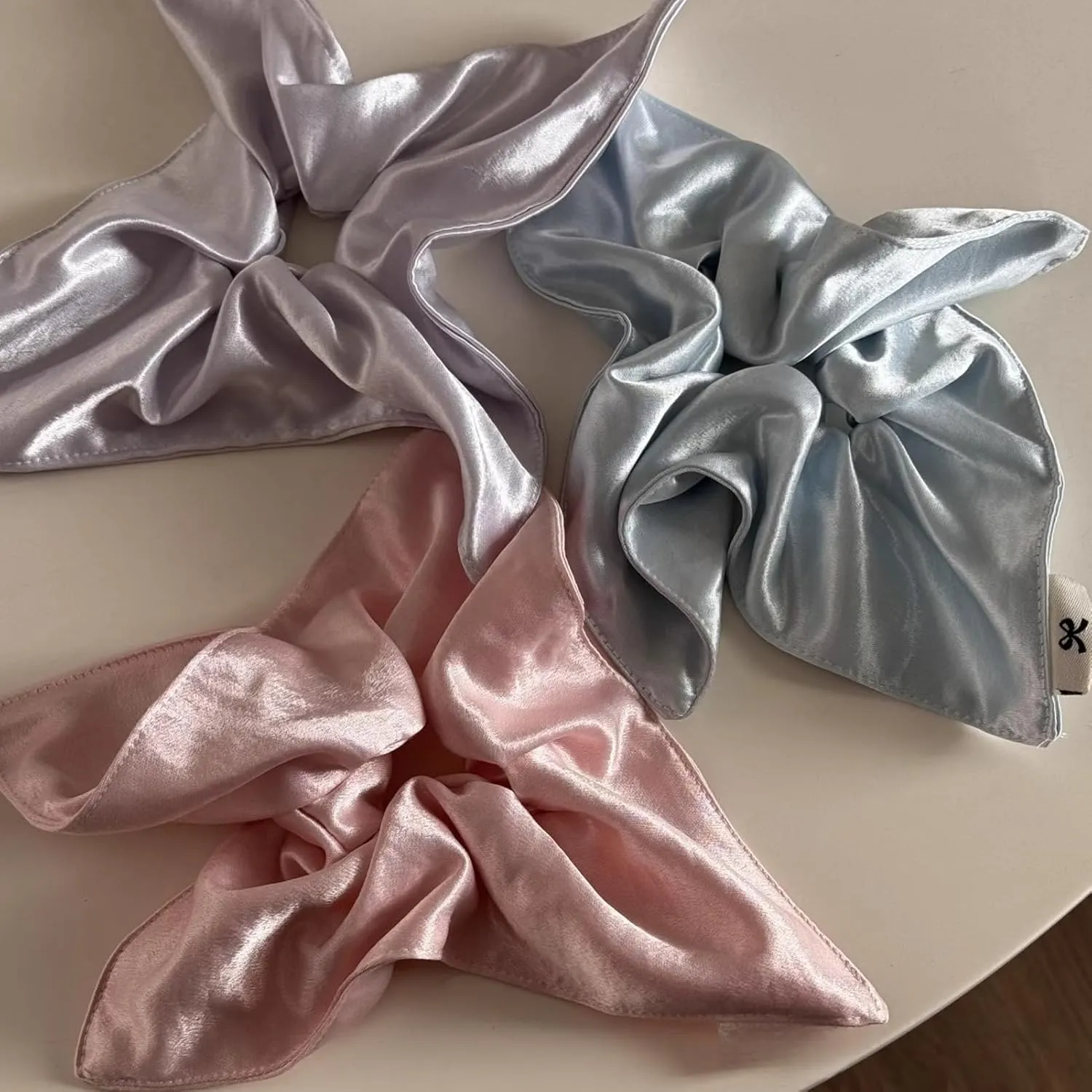 Jseng Square Hair Scrunchies - Soft and Lustrous Satin- Elastic Hair Ties Bands Hair Scrunchy Ponytail Holder for Women - 4PCs Beige, Blue, Pink, Lavender