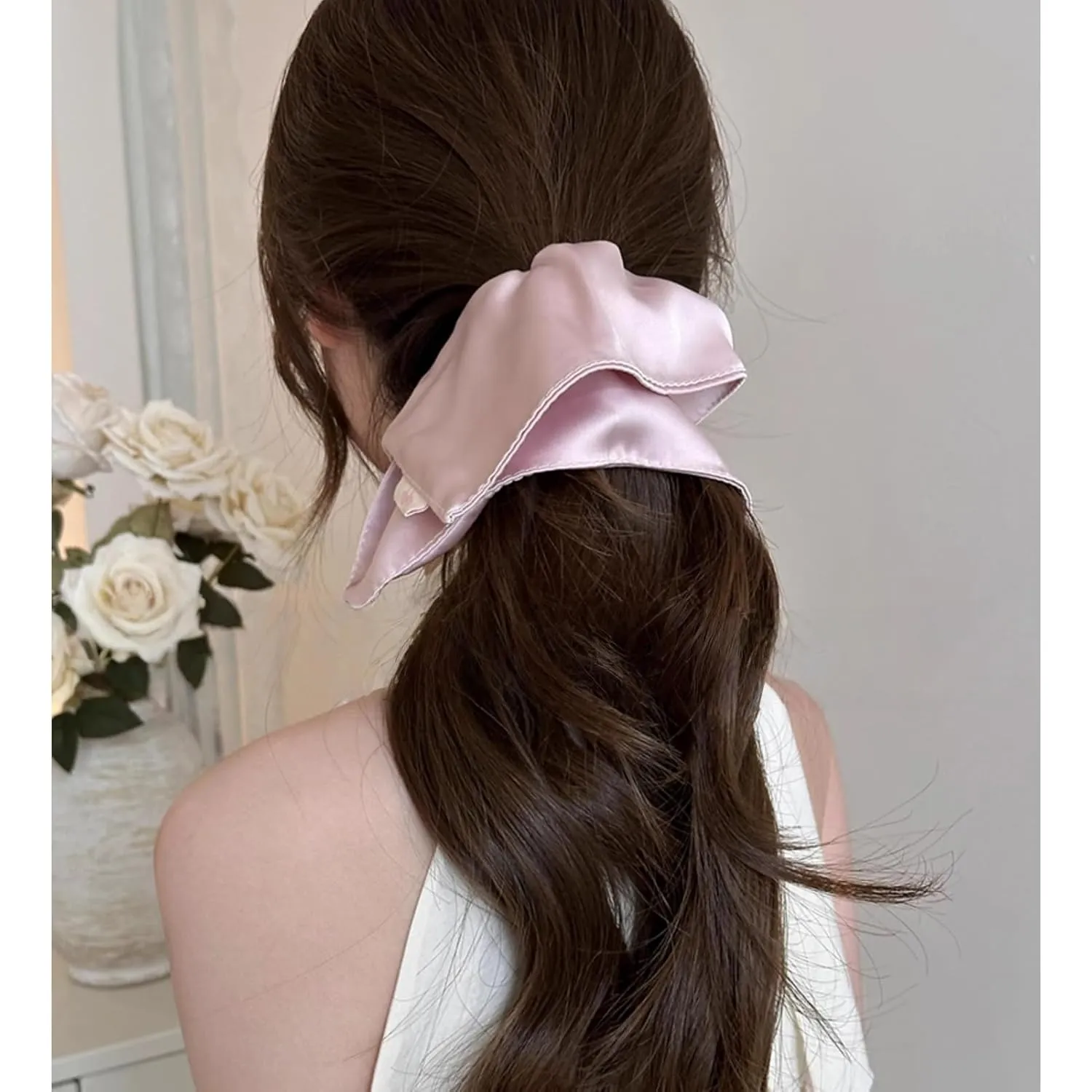Jseng Square Hair Scrunchies - Soft and Lustrous Satin- Elastic Hair Ties Bands Hair Scrunchy Ponytail Holder for Women - 4PCs Beige, Blue, Pink, Lavender