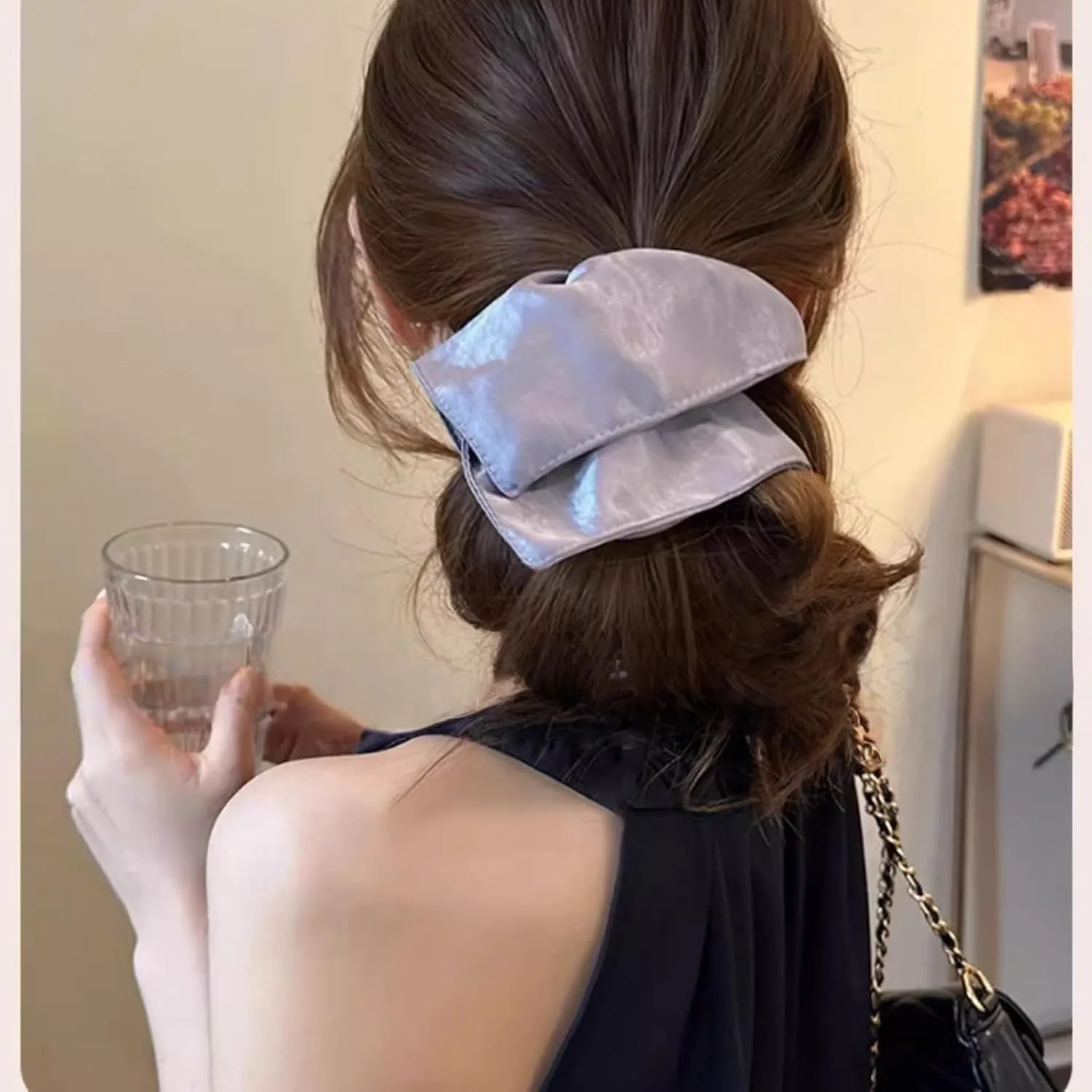 Jseng Square Hair Scrunchies - Soft and Lustrous Satin- Elastic Hair Ties Bands Hair Scrunchy Ponytail Holder for Women - 4PCs Beige, Blue, Pink, Lavender