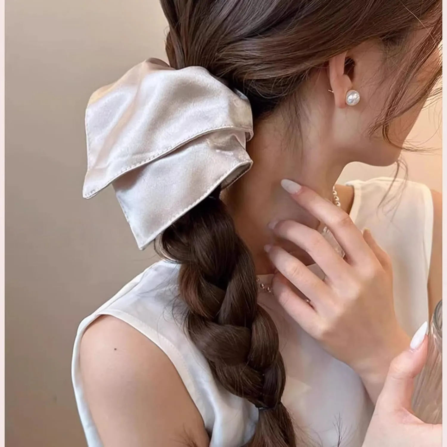 Jseng Square Hair Scrunchies - Soft and Lustrous Satin- Elastic Hair Ties Bands Hair Scrunchy Ponytail Holder for Women - 4PCs Beige, Blue, Pink, Lavender