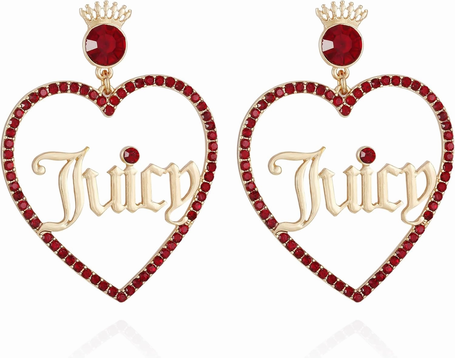 Juicy Couture Goldtone and Red Glass Stone Heart Drop Logo Earrings