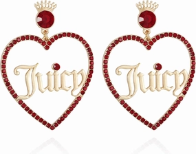 Juicy Couture Goldtone and Red Glass Stone Heart Drop Logo Earrings