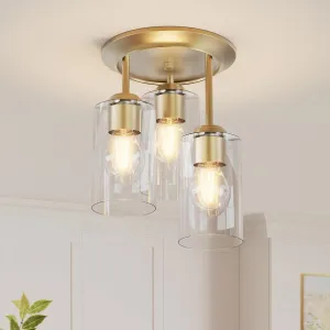 Kalium 3-Lights Semi Flush Mount Ceiling Light Fixture,Farmhouse Light Fixtures, Ceiling Light Decor for Kitchen, Foyer, Entryway, Gold with Clear Glass Shade.