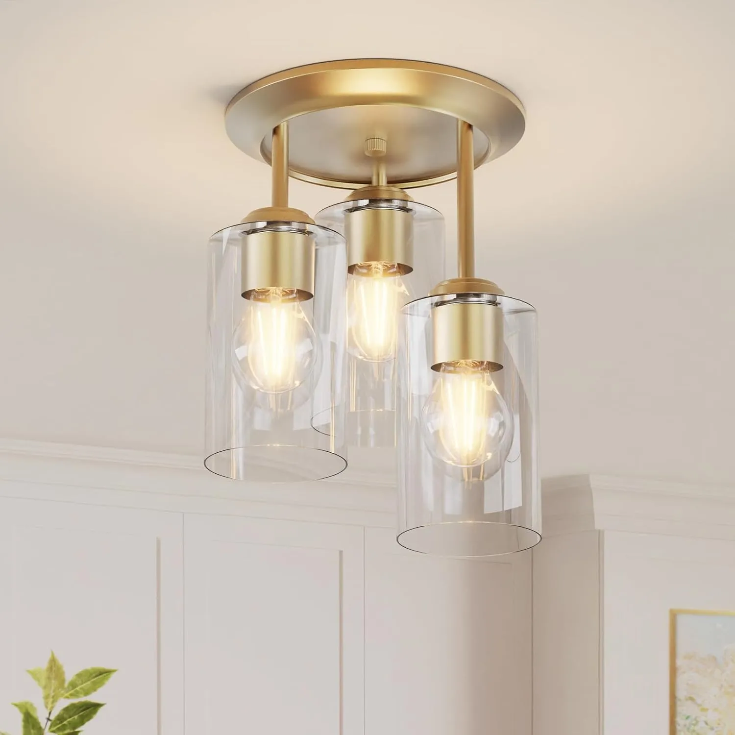 Kalium 3-Lights Semi Flush Mount Ceiling Light Fixture,Farmhouse Light Fixtures, Ceiling Light Decor for Kitchen, Foyer, Entryway, Gold with Clear Glass Shade.