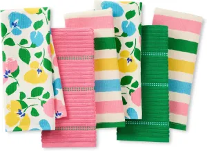 Kate Spade New York Painterly Bouquet & Bold Painterly Stripe Kitchen Towels 6-Pack Set, Absorbent 100% Cotton, Pink/Green/Blue, 17"X28"