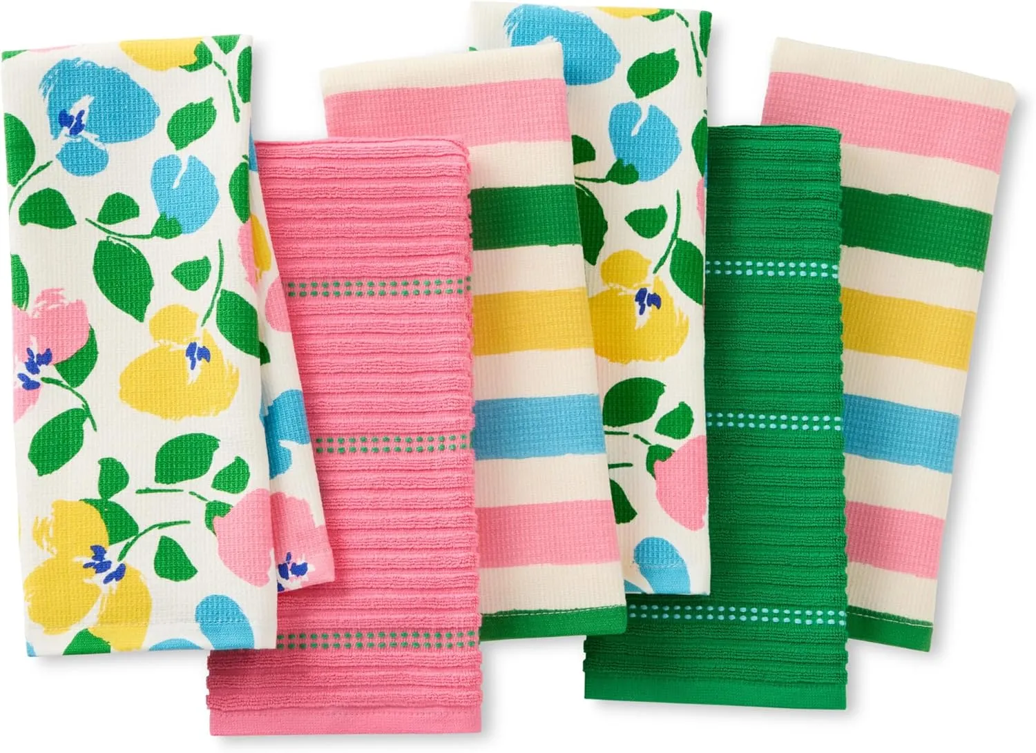 Kate Spade New York Painterly Bouquet & Bold Painterly Stripe Kitchen Towels 6-Pack Set, Absorbent 100% Cotton, Pink/Green/Blue, 17"X28"