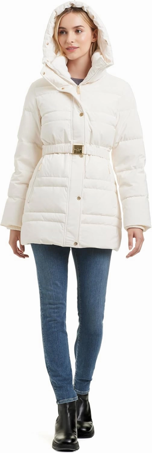 kate spade new york Women's Belted Short Down Puffer Jacket with Removable Faux Fur Trim
