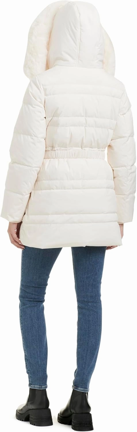 kate spade new york Women's Belted Short Down Puffer Jacket with Removable Faux Fur Trim