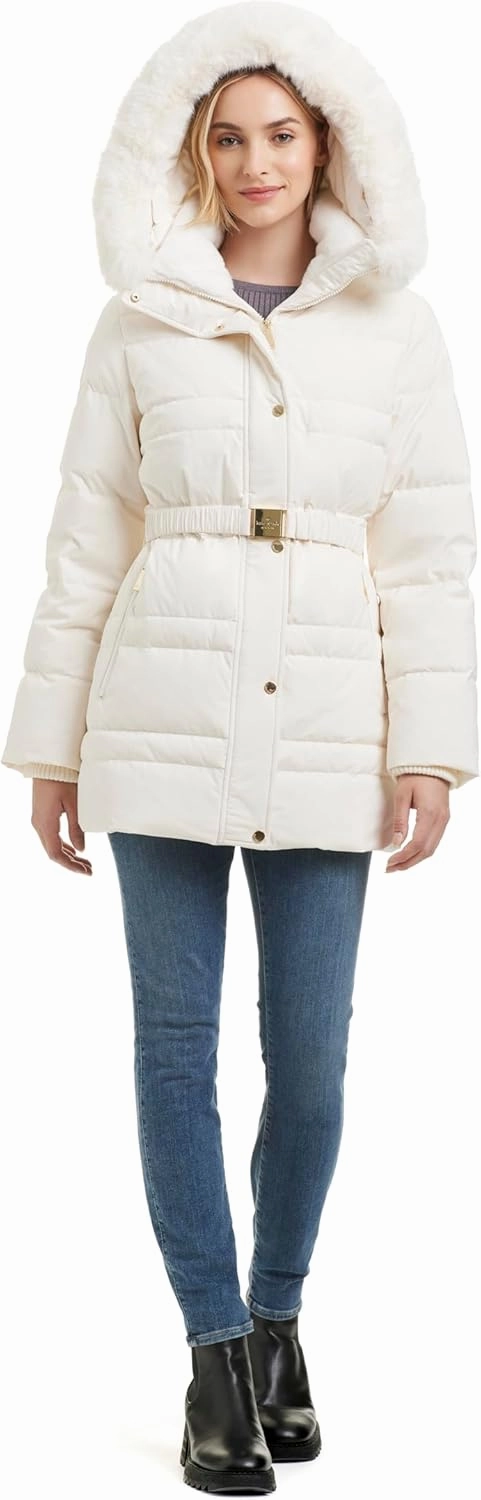 kate spade new york Women's Belted Short Down Puffer Jacket with Removable Faux Fur Trim