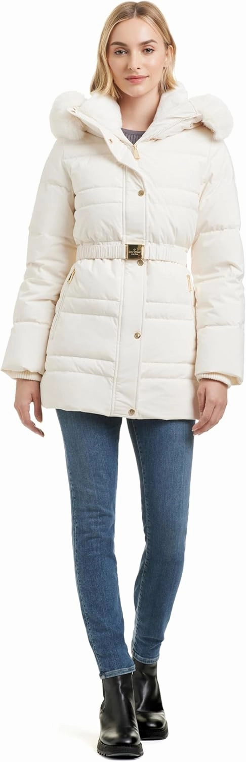 kate spade new york Women's Belted Short Down Puffer Jacket with Removable Faux Fur Trim
