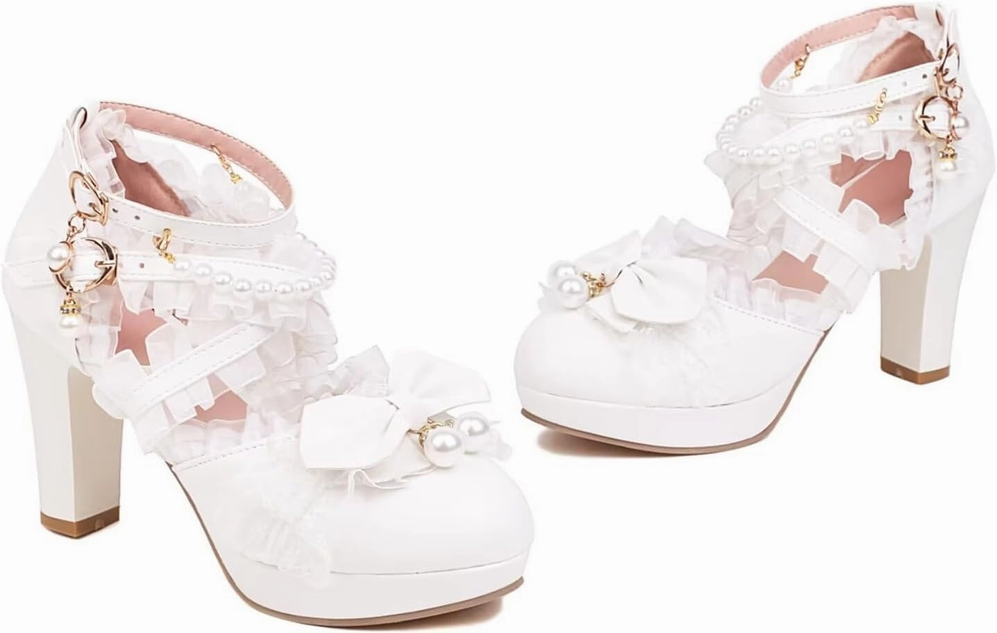 Kawii Shoes Bow Pearl Heels Lolita Platform Heels for Women Lace Cute Mary Janes Pumps