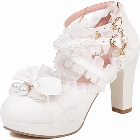 Kawii Shoes Bow Pearl Heels Lolita Platform Heels for Women Lace Cute Mary Janes Pumps
