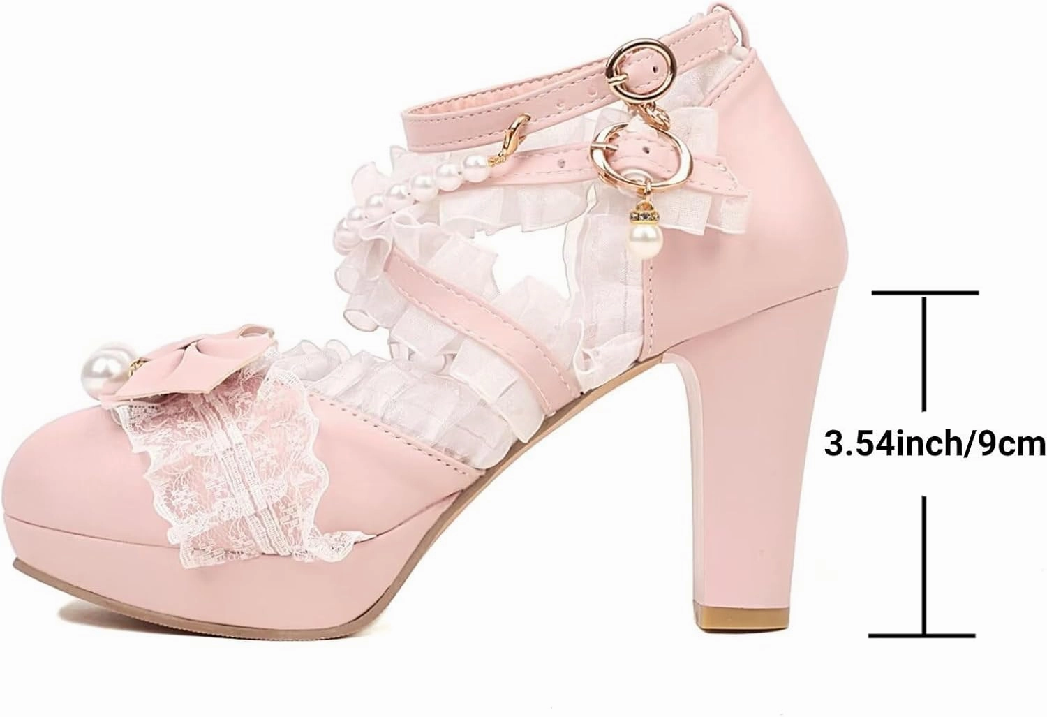 Kawii Shoes Bow Pearl Heels Lolita Platform Heels for Women Lace Cute Mary Janes Pumps