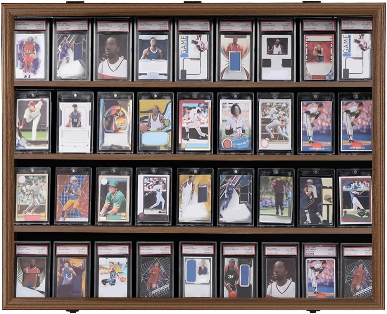 KCRasan 36 Graded Sports Card Display Case - Baseball Card Display Case Lockable - Trading Card Collector Wall Display Holder for Basketball Football Cards, UV Protection Acrylic, Walnut