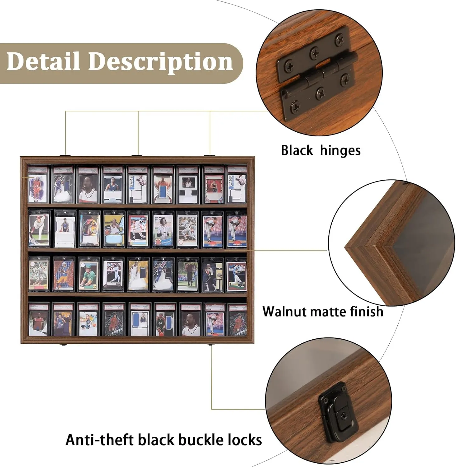 KCRasan 36 Graded Sports Card Display Case - Baseball Card Display Case Lockable - Trading Card Collector Wall Display Holder for Basketball Football Cards, UV Protection Acrylic, Walnut