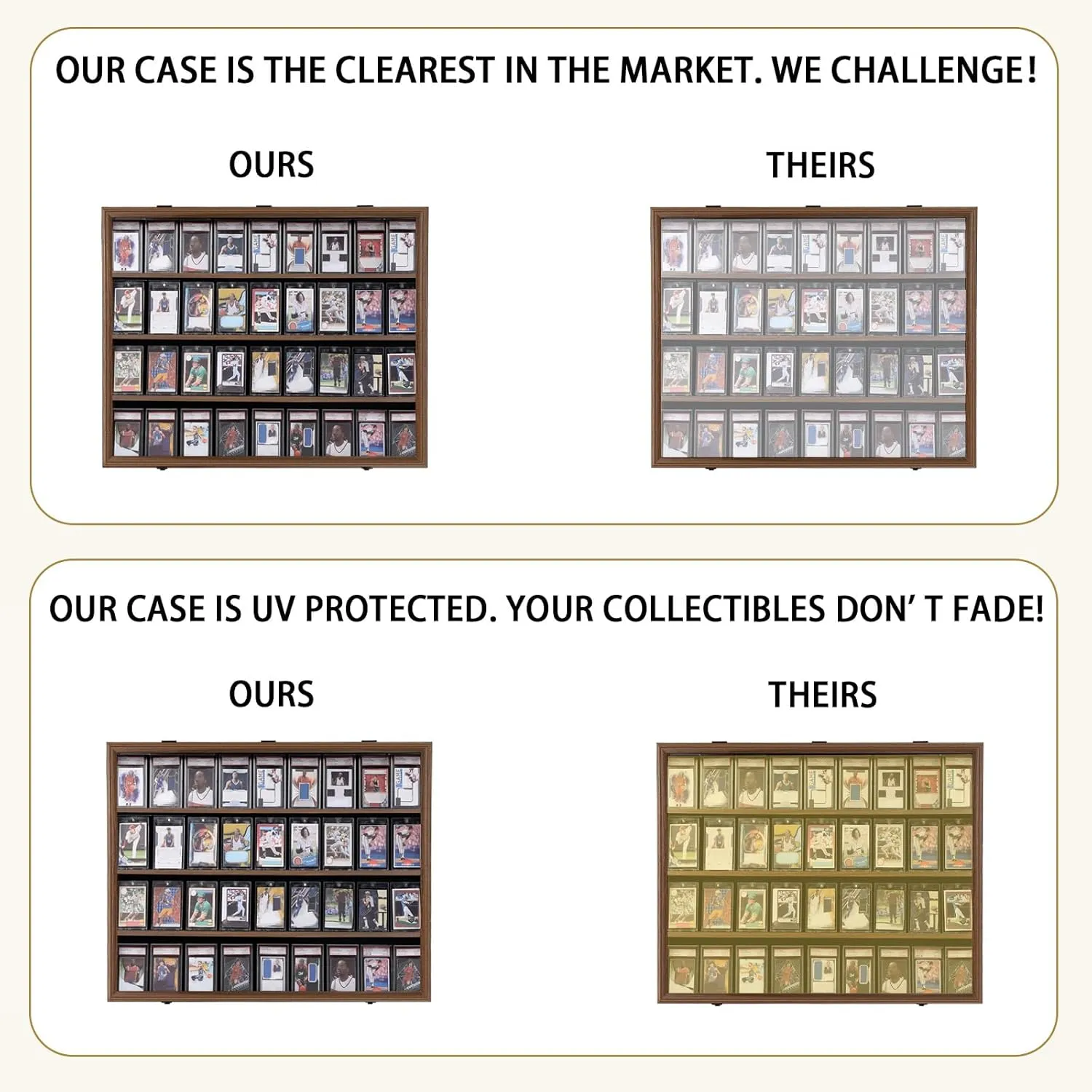 KCRasan 36 Graded Sports Card Display Case - Baseball Card Display Case Lockable - Trading Card Collector Wall Display Holder for Basketball Football Cards, UV Protection Acrylic, Walnut
