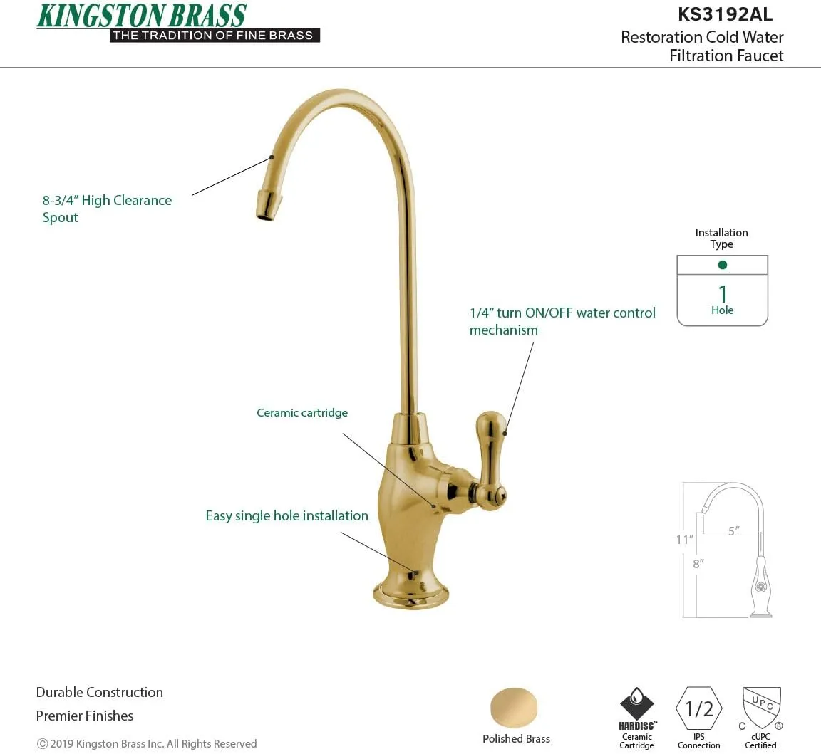 Kingston Brass Gourmetier KS3192AL Restoration Single Handle Water Filtration Faucet, Polished Brass, 10.81 x 4.63 x 1.75