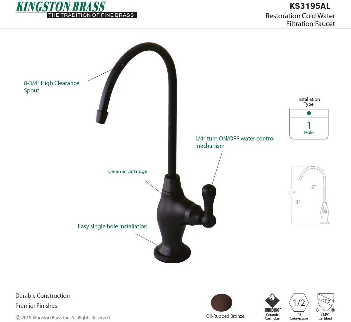 Kingston Brass Gourmetier KS3195AL Restoration Single Handle Water Filtration Faucet, Oil Rubbed Bronze , Oil-Rubbed Bronze, 10.81 x 4.63 x 1.75