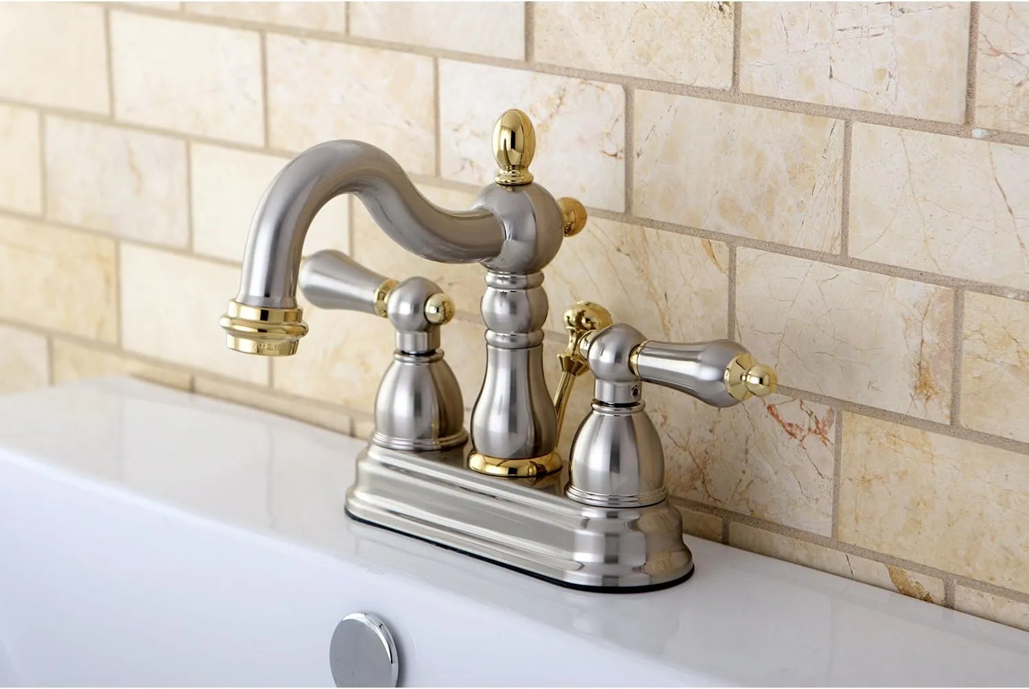 Kingston Brass KB1609AL Heritage 4-Inch Centerset Lavatory Faucet with Metal Lever Handle, Brushed Nickel and Polished Brass
