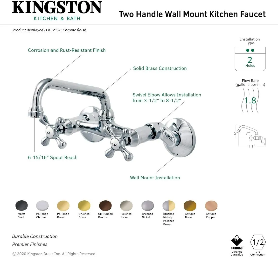 Kingston Brass KS213SN Kingston Adjustable Center Wall Mount Kitchen Faucet, 7", Brushed Nickel
