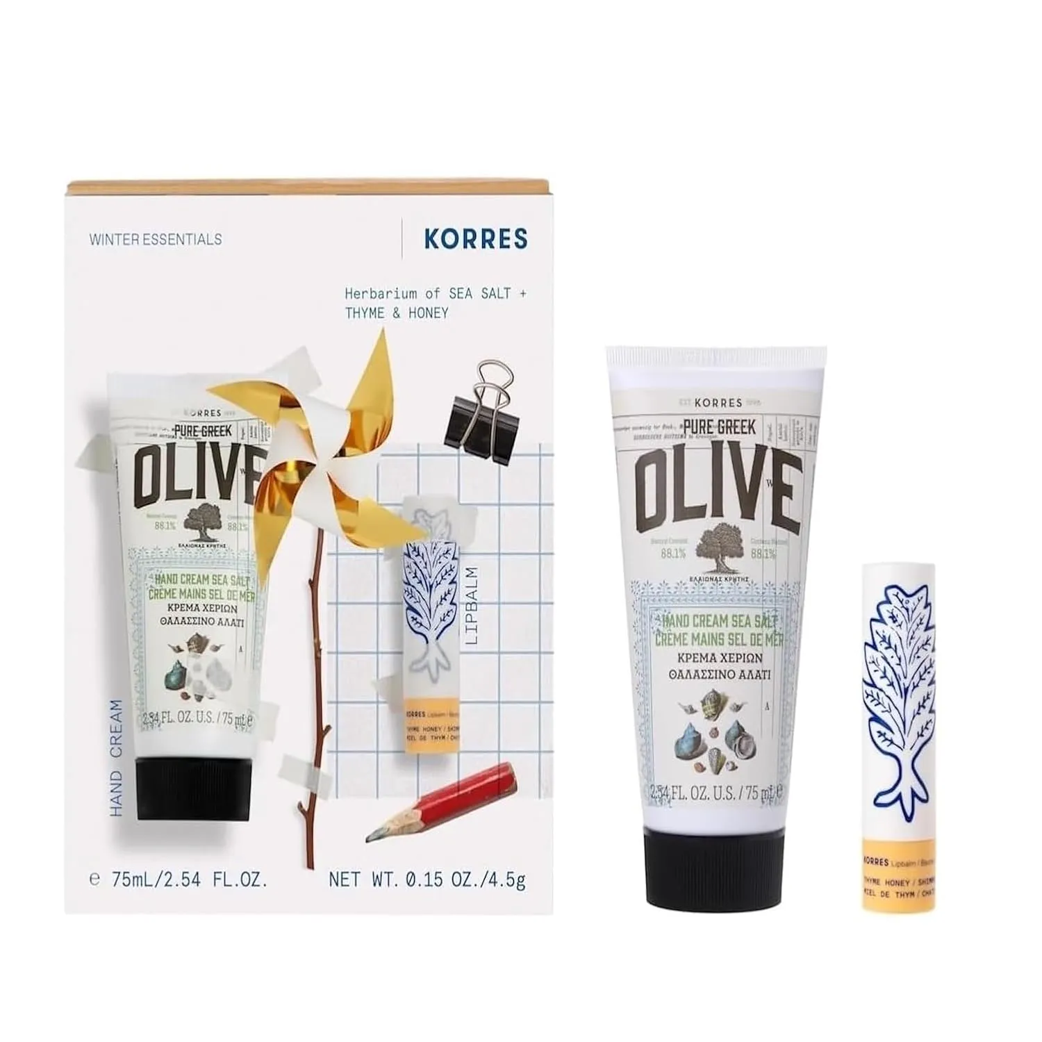 KORRES Winter Essentials Hand and Lip Care Set, Gift Set for Men and Women, with Nourishing Lipbalm Thyme Honey 4.5 g   Olive Sea Salt Hand Cream 75 ml