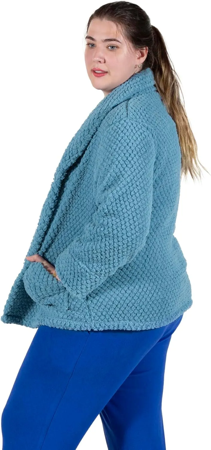 LA CERA Women's Fleece Bed Jacket - Stylish Notched Collar, Long Sleeves, Front Pockets, Button Front, Machine Washable