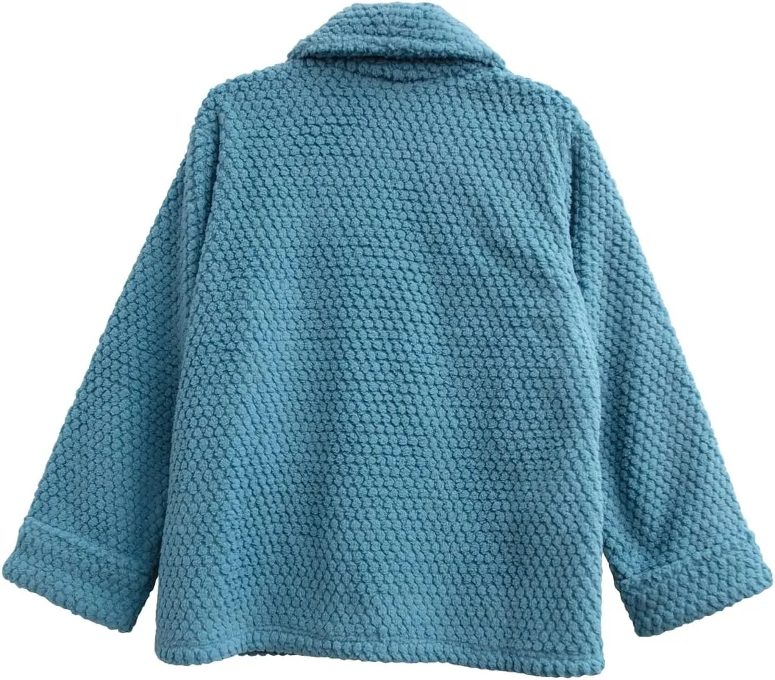 LA CERA Women's Fleece Bed Jacket - Stylish Notched Collar, Long Sleeves, Front Pockets, Button Front, Machine Washable