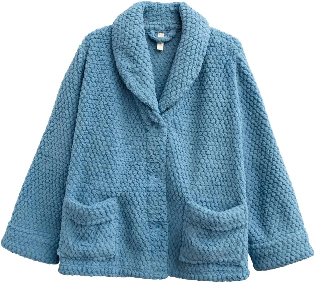 LA CERA Women's Fleece Bed Jacket - Stylish Notched Collar, Long Sleeves, Front Pockets, Button Front, Machine Washable