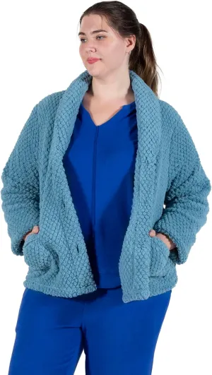 LA CERA Women's Fleece Bed Jacket - Stylish Notched Collar, Long Sleeves, Front Pockets, Button Front, Machine Washable