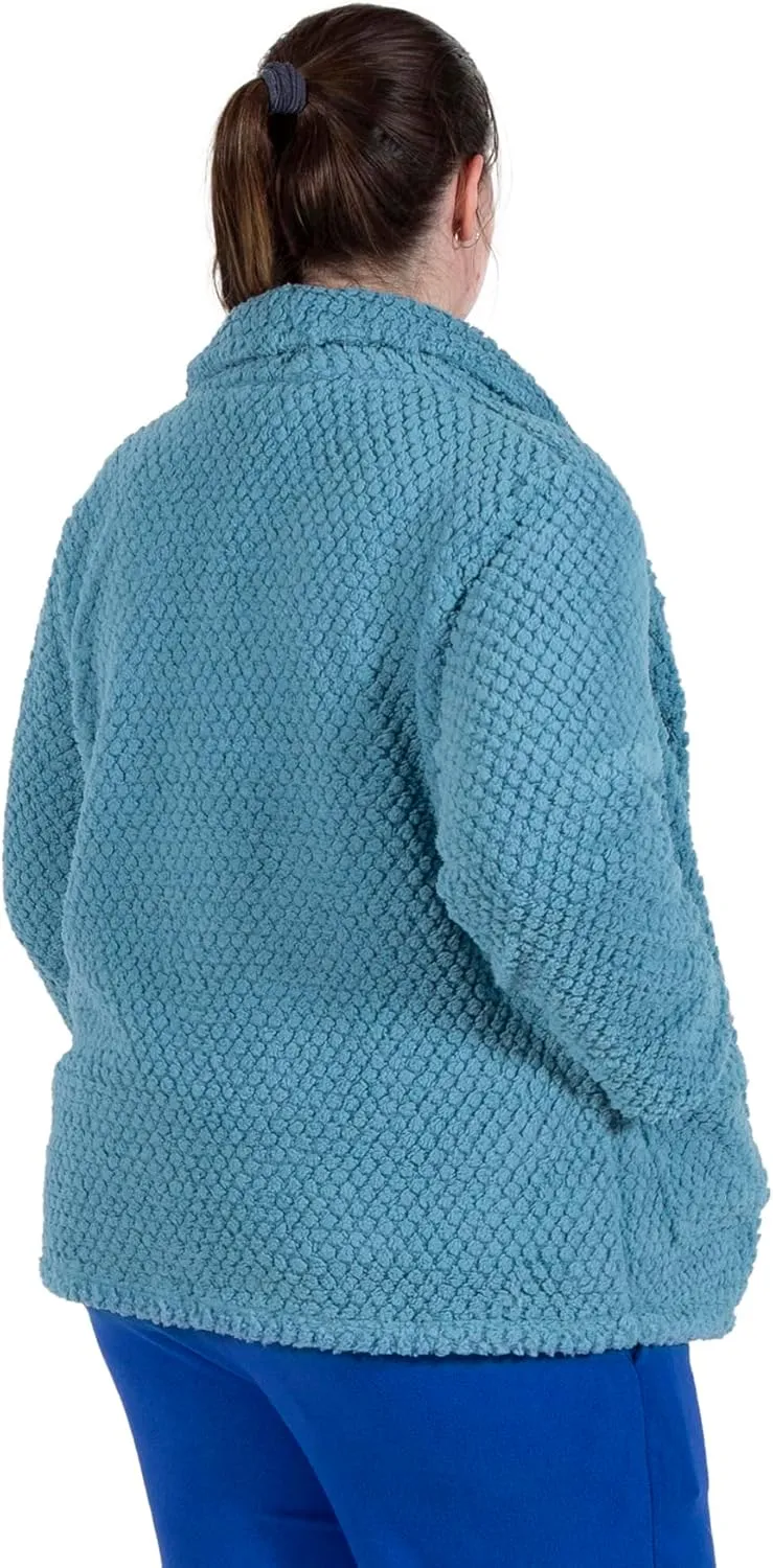 LA CERA Women's Fleece Bed Jacket - Stylish Notched Collar, Long Sleeves, Front Pockets, Button Front, Machine Washable