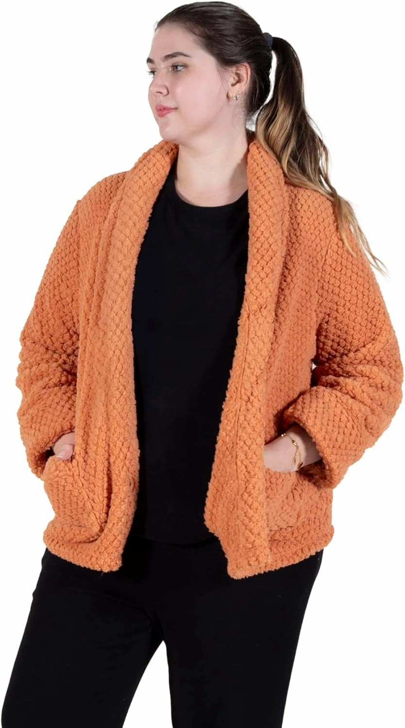 LA CERA Women's Fleece Bed Jacket - Stylish Notched Collar, Long Sleeves, Front Pockets, Button Front, Machine Washable