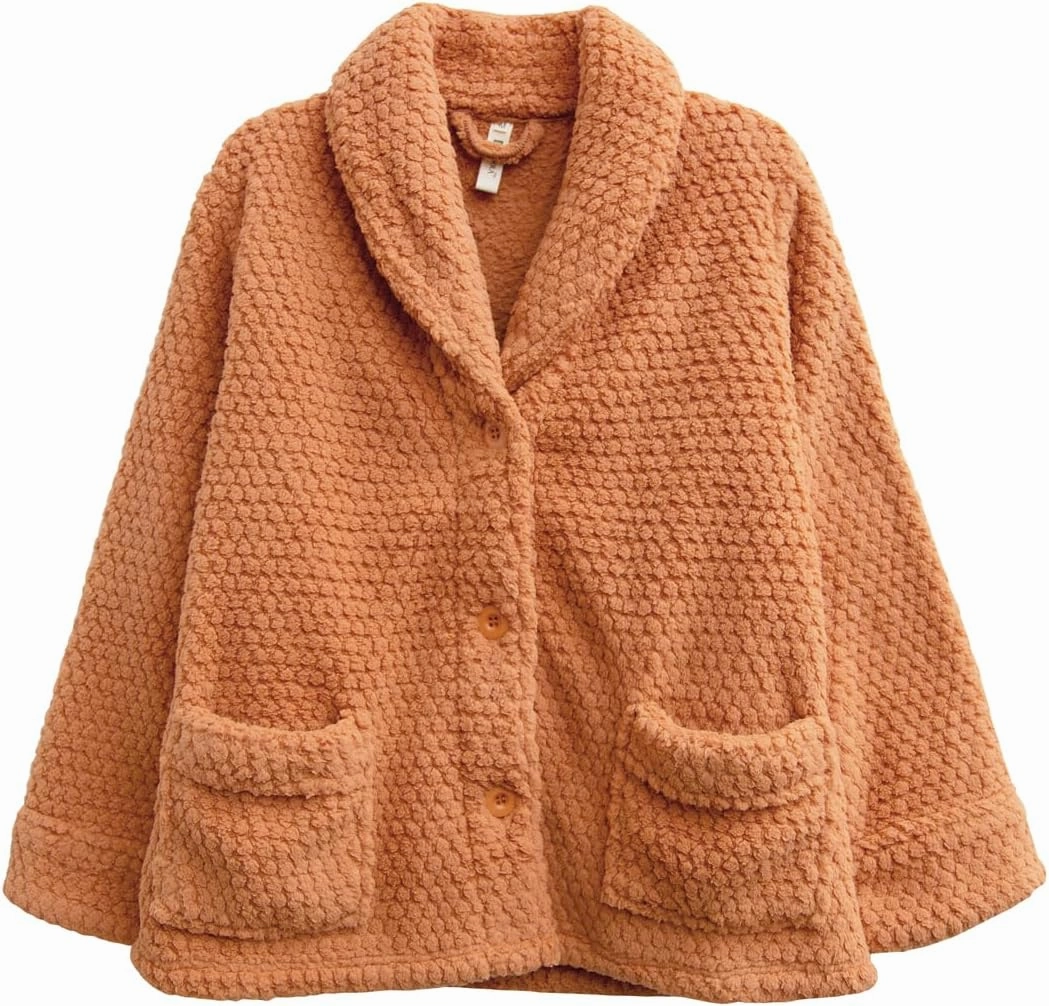 LA CERA Women's Fleece Bed Jacket - Stylish Notched Collar, Long Sleeves, Front Pockets, Button Front, Machine Washable