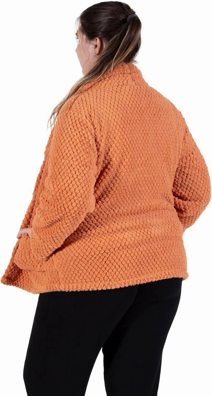 LA CERA Women's Fleece Bed Jacket - Stylish Notched Collar, Long Sleeves, Front Pockets, Button Front, Machine Washable
