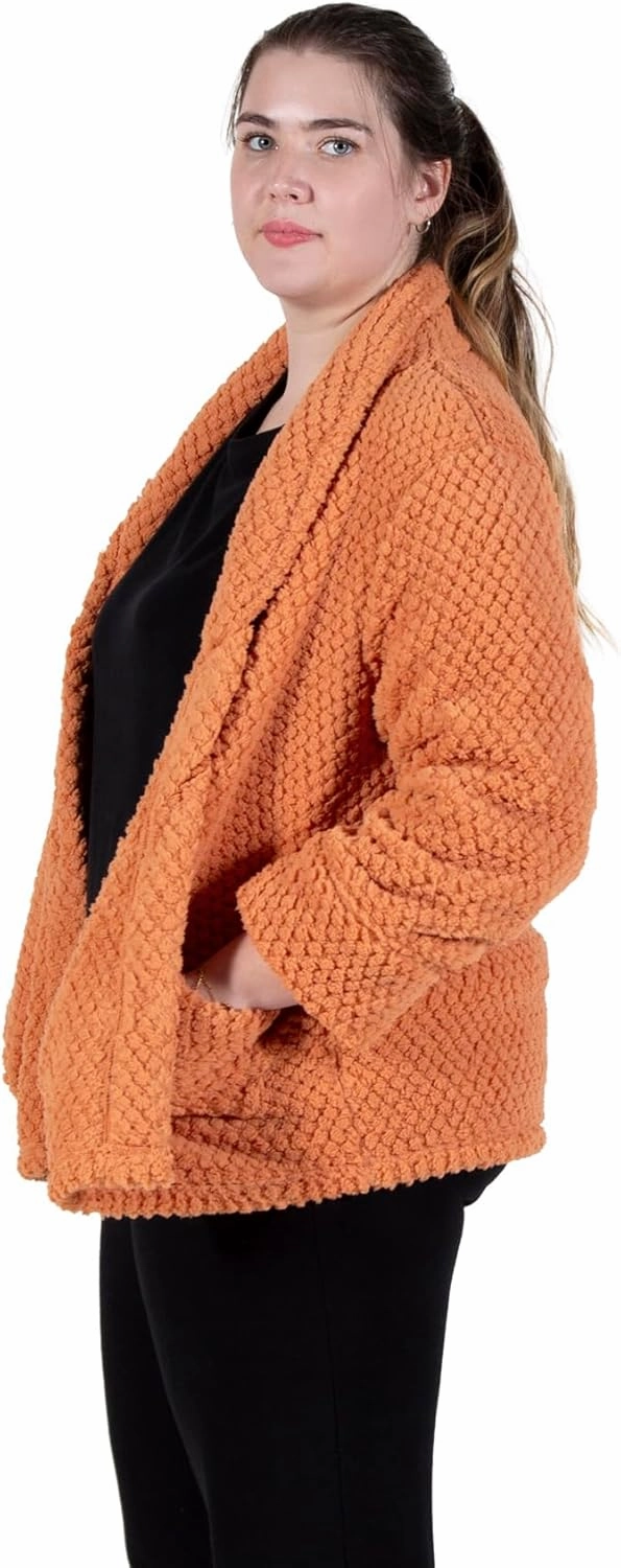 LA CERA Women's Fleece Bed Jacket - Stylish Notched Collar, Long Sleeves, Front Pockets, Button Front, Machine Washable