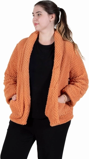 LA CERA Women's Fleece Bed Jacket - Stylish Notched Collar, Long Sleeves, Front Pockets, Button Front, Machine Washable