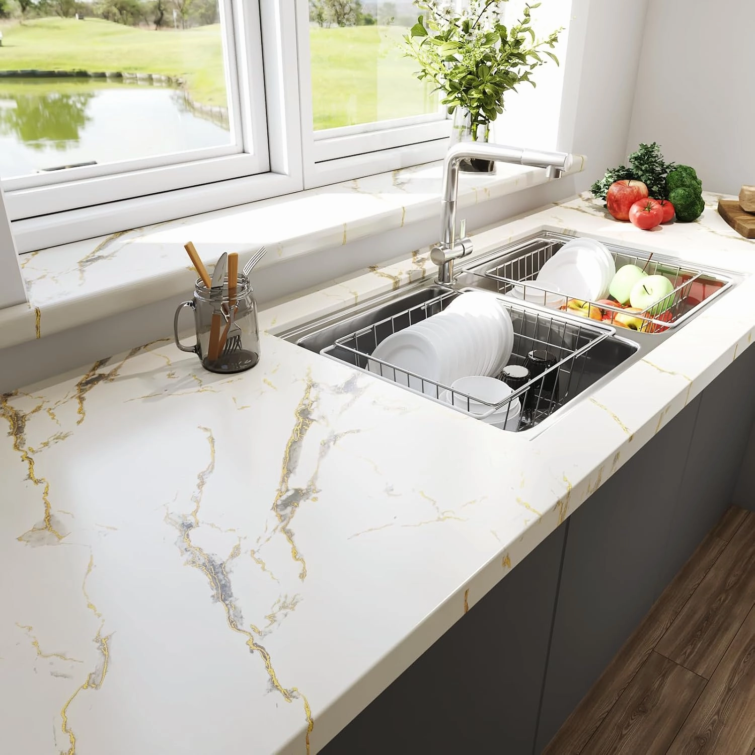 LACHEERY Kitchen Counter Top Peel and Stick Waterproof 24 x 317 Inch Thick White Marble Contact Paper Peel and Stick Marble Countertop Wallpaper for Bathroom Countertops Self Adhesive Vinyl Wrap Roll