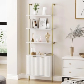 Ladder Bookshelf with Cabinet, 71" Tall Wall Mounted Bookcase with Shelves & Storage, Fluted Ladder Shelf with Metal Frame, 5-Tier Display Rack for Living Room, Home & Office, Bedroom, White & Gold