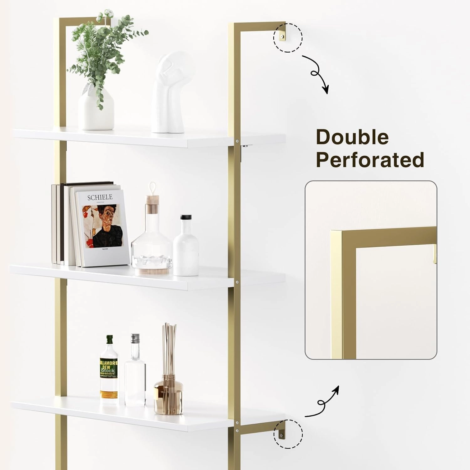 Ladder Bookshelf with Cabinet, 71" Tall Wall Mounted Bookcase with Shelves & Storage, Fluted Ladder Shelf with Metal Frame, 5-Tier Display Rack for Living Room, Home & Office, Bedroom, White & Gold