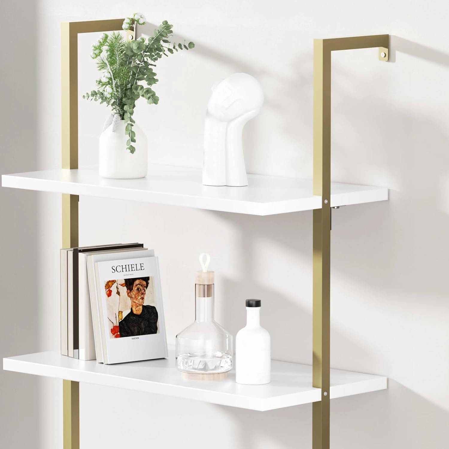Ladder Bookshelf with Cabinet, 71" Tall Wall Mounted Bookcase with Shelves & Storage, Fluted Ladder Shelf with Metal Frame, 5-Tier Display Rack for Living Room, Home & Office, Bedroom, White & Gold