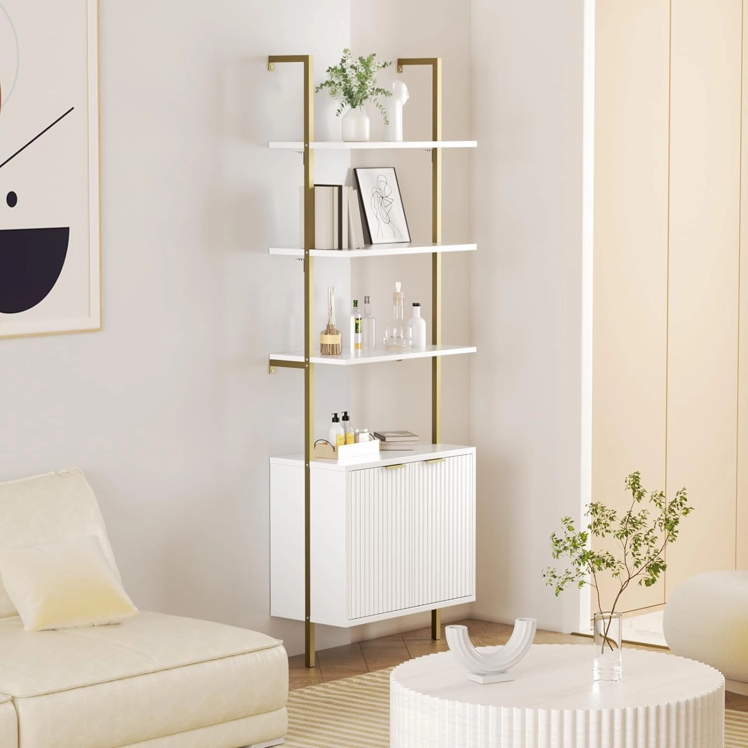 Ladder Bookshelf with Cabinet, 71" Tall Wall Mounted Bookcase with Shelves & Storage, Fluted Ladder Shelf with Metal Frame, 5-Tier Display Rack for Living Room, Home & Office, Bedroom, White & Gold