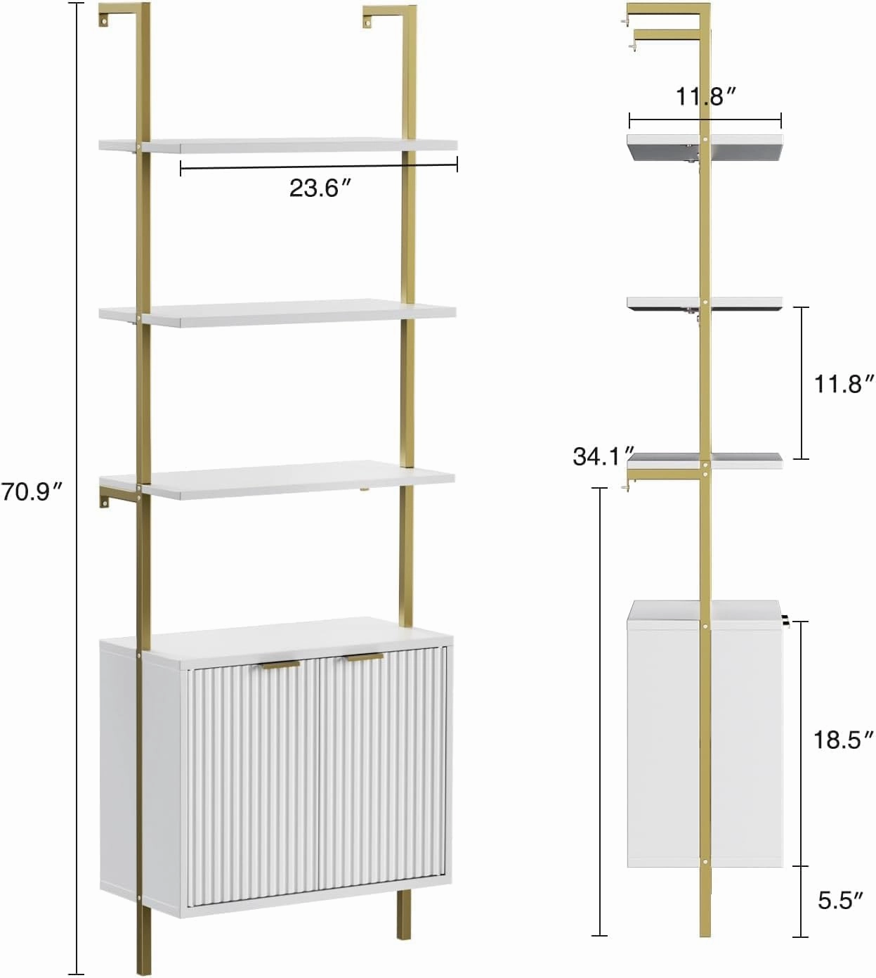 Ladder Bookshelf with Cabinet, 71" Tall Wall Mounted Bookcase with Shelves & Storage, Fluted Ladder Shelf with Metal Frame, 5-Tier Display Rack for Living Room, Home & Office, Bedroom, White & Gold
