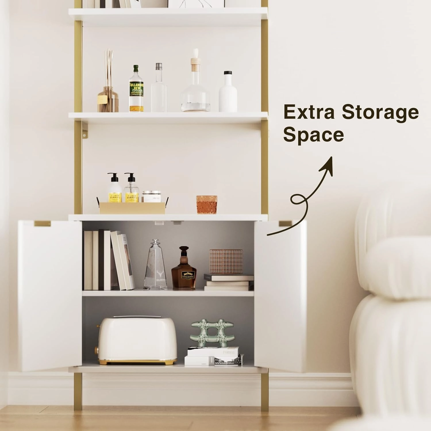 Ladder Bookshelf with Cabinet, 71" Tall Wall Mounted Bookcase with Shelves & Storage, Fluted Ladder Shelf with Metal Frame, 5-Tier Display Rack for Living Room, Home & Office, Bedroom, White & Gold