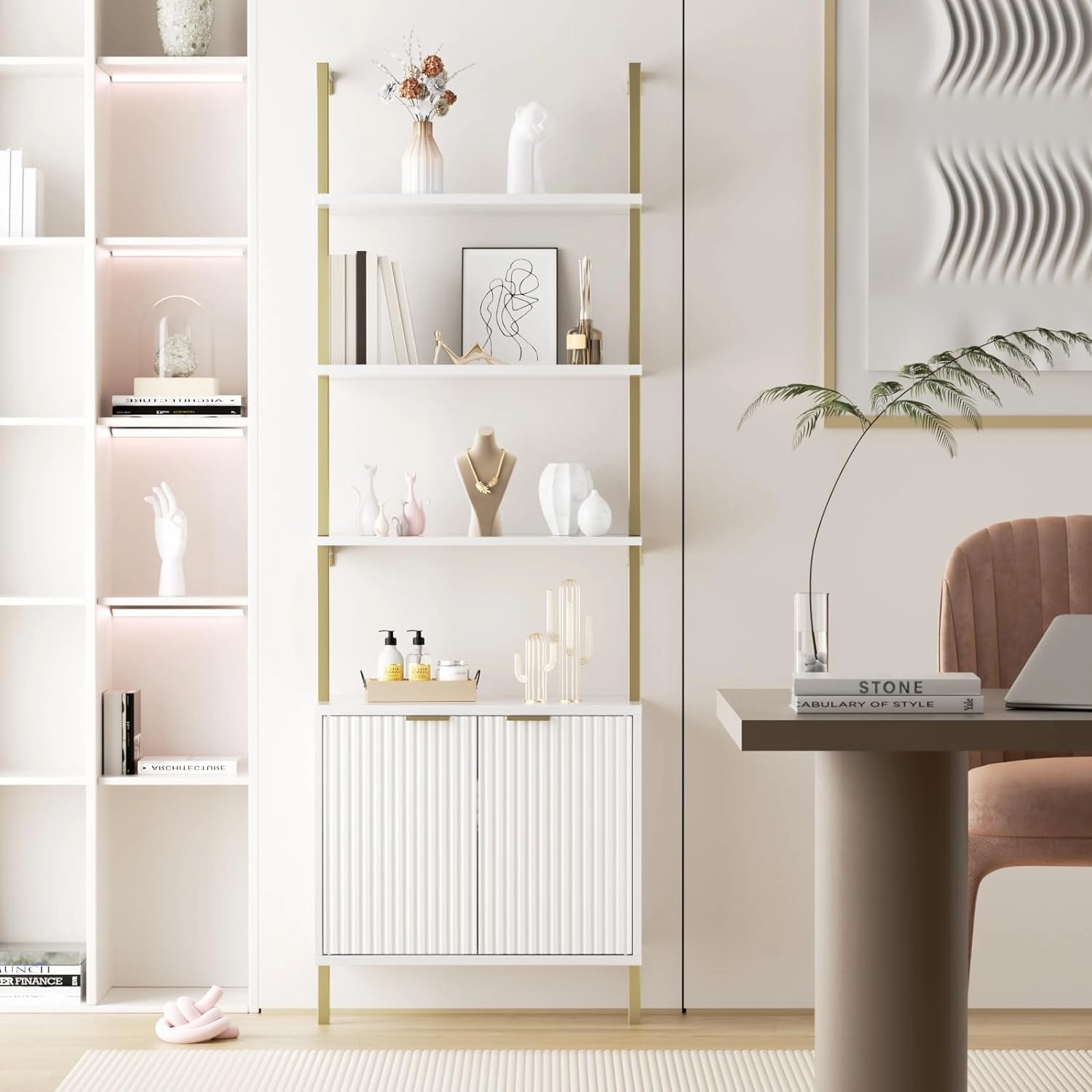 Ladder Bookshelf with Cabinet, 71" Tall Wall Mounted Bookcase with Shelves & Storage, Fluted Ladder Shelf with Metal Frame, 5-Tier Display Rack for Living Room, Home & Office, Bedroom, White & Gold
