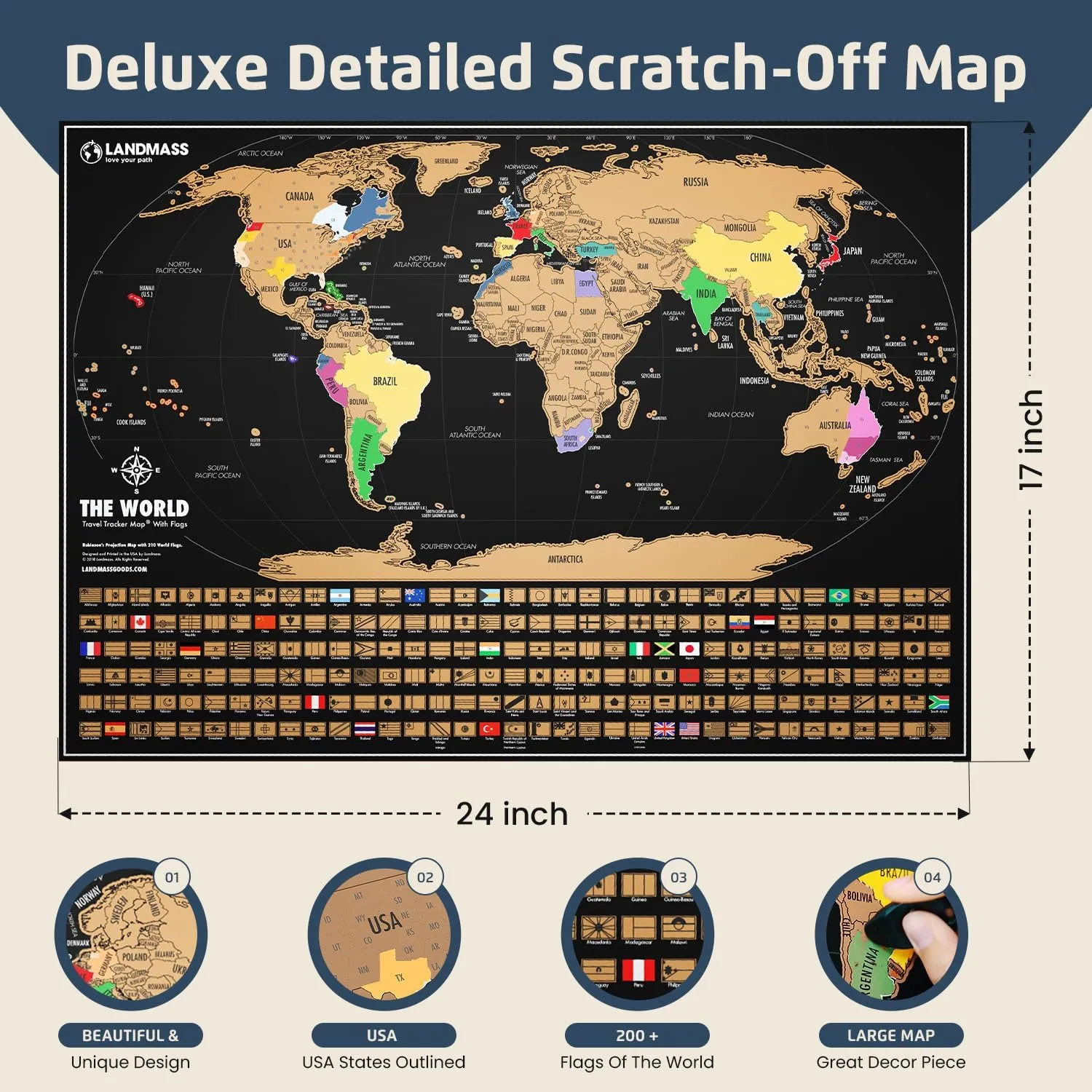Landmass Scratch Off World Map, Deluxe Travel Tracker with Flags, Detailed Cartography, Gift Idea for Travelers, Wall Art, Home or Office Decor, 17x24 Inches
