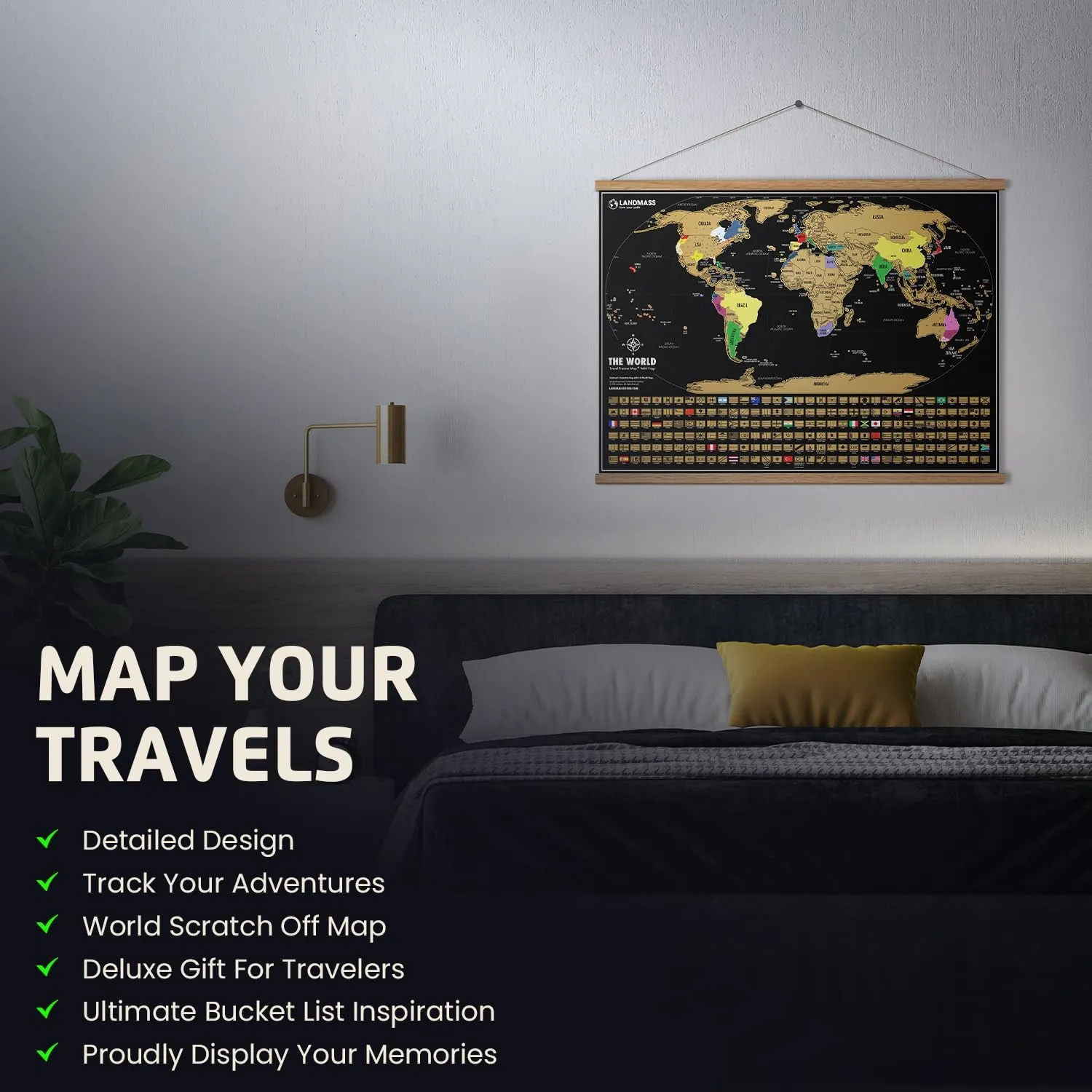 Landmass Scratch Off World Map, Deluxe Travel Tracker with Flags, Detailed Cartography, Gift Idea for Travelers, Wall Art, Home or Office Decor, 17x24 Inches