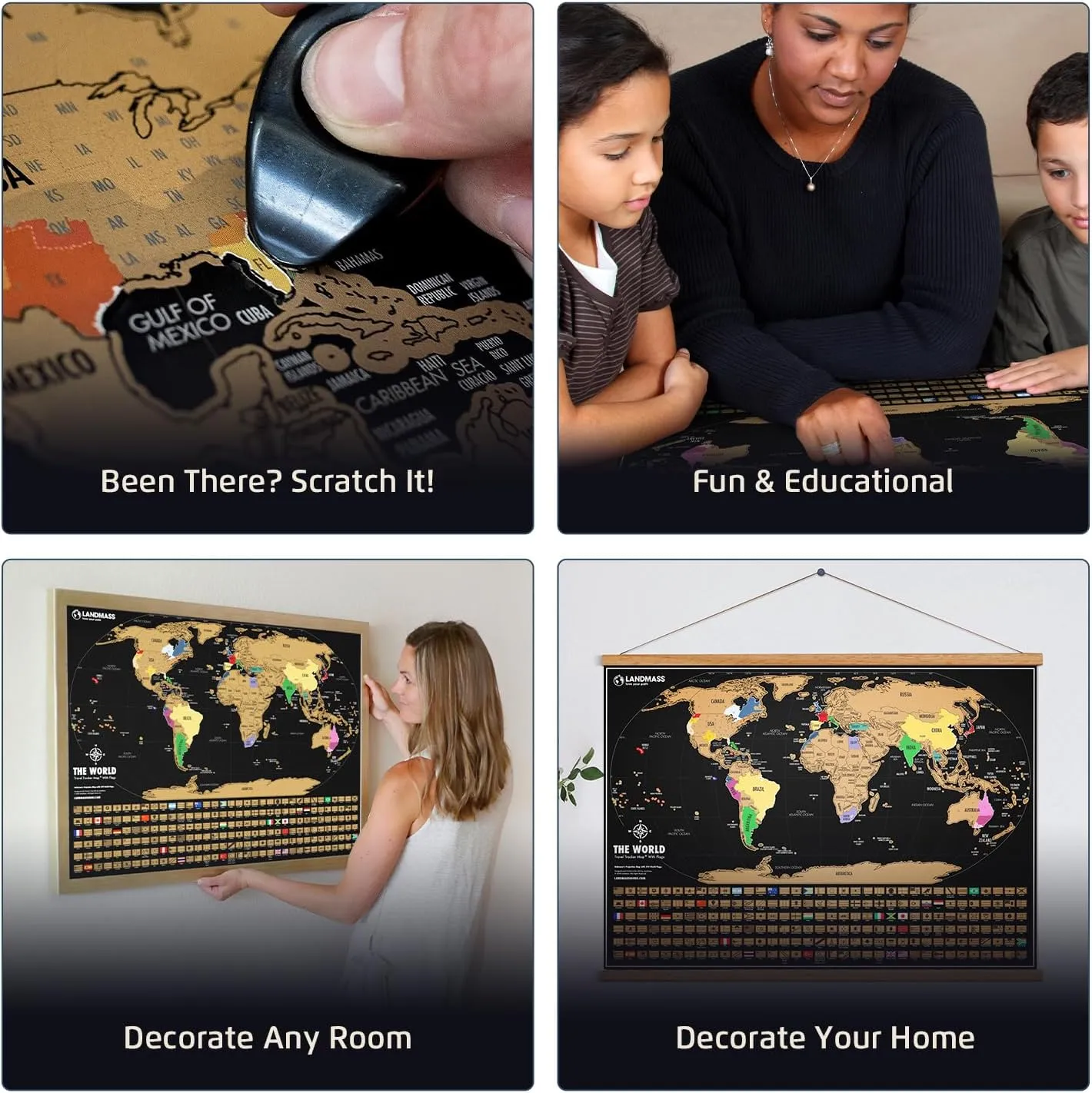Landmass Scratch Off World Map, Deluxe Travel Tracker with Flags, Detailed Cartography, Gift Idea for Travelers, Wall Art, Home or Office Decor, 17x24 Inches